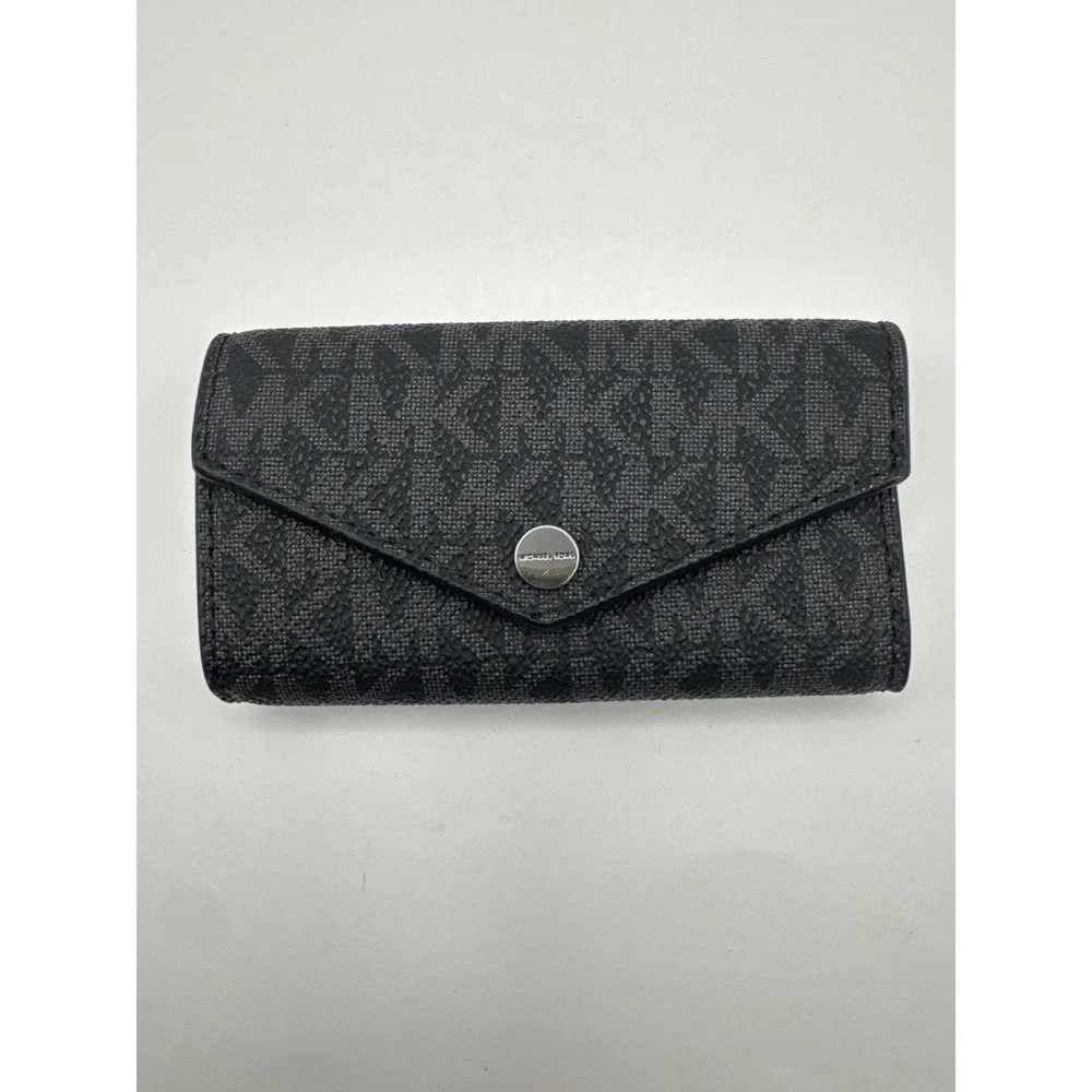Michael Kors Signature Logo Key Case Wallet Black Grey Monogram Silver Hardware‎